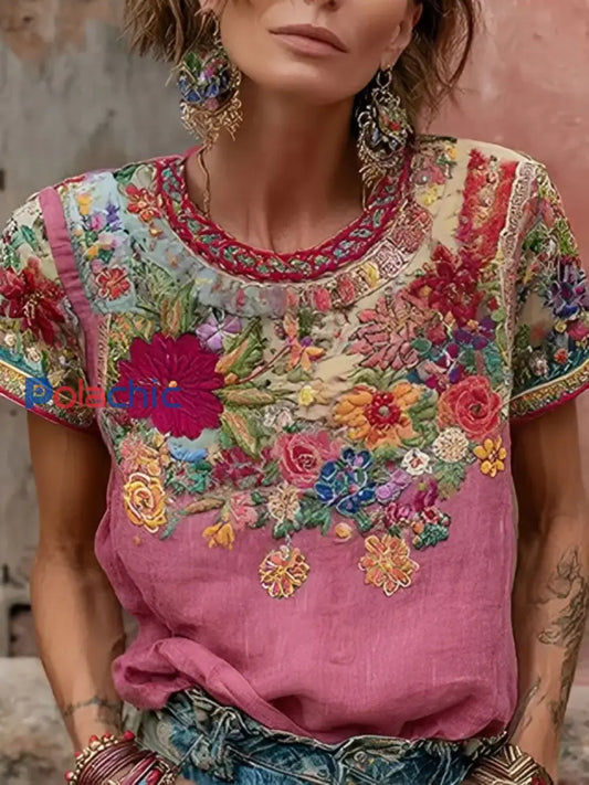 T-shirt Décontracté Femme Rose Imprimé Floral comme image / S