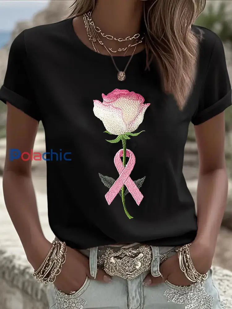 T-shirt Décontracté Femme Rose Imprimé Floral Noir / S