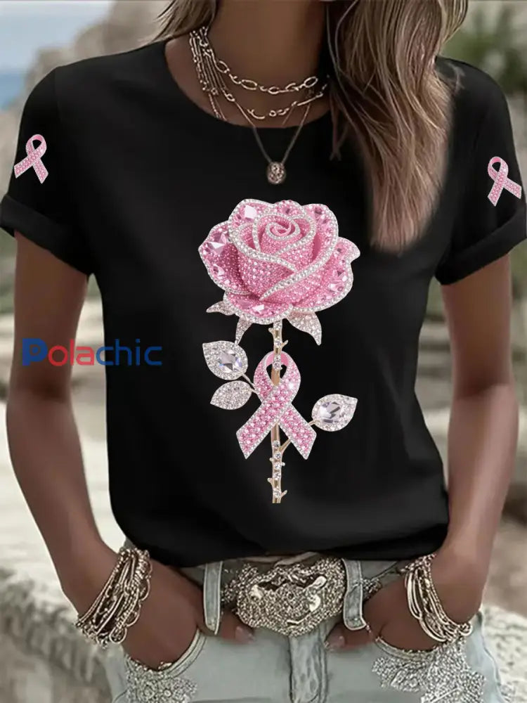 T shirt Décontracté Femme Rose Imprimé Floral Noir / S