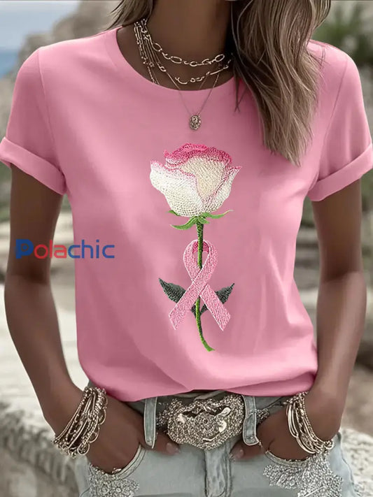 T-shirt Décontracté Femme Rose Imprimé Floral Rose / S