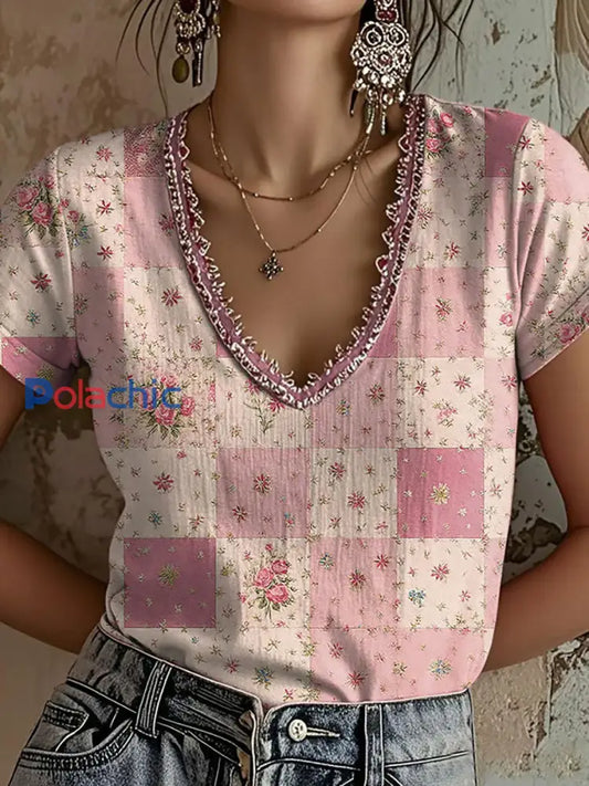 T shirt Décontracté Femme Rose Imprimé Floral Rose / S