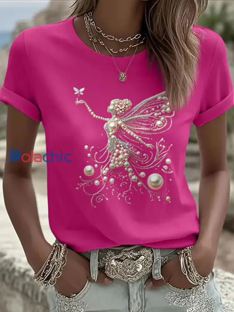 T shirt Décontracté Femme Rose Imprimé Perle Rose Rouge / S