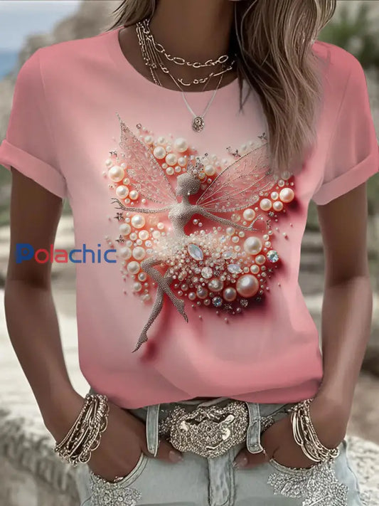 T shirt Décontracté Femme Rose Imprimé Perle Rose / S