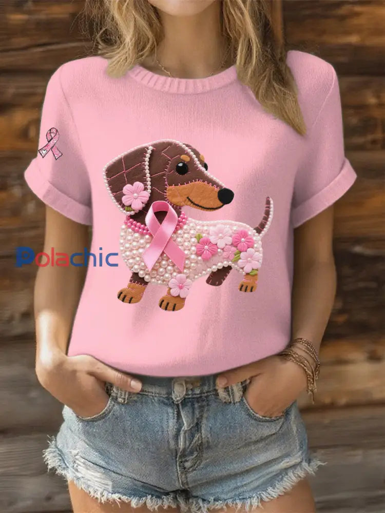 T-shirt Décontracté Femme Ruban Rose Imprimé Chien Perle rose clair / S