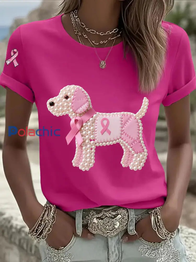 T-shirt Décontracté Femme Ruban Rose Imprimé Chien Perle Rose Rouge / S