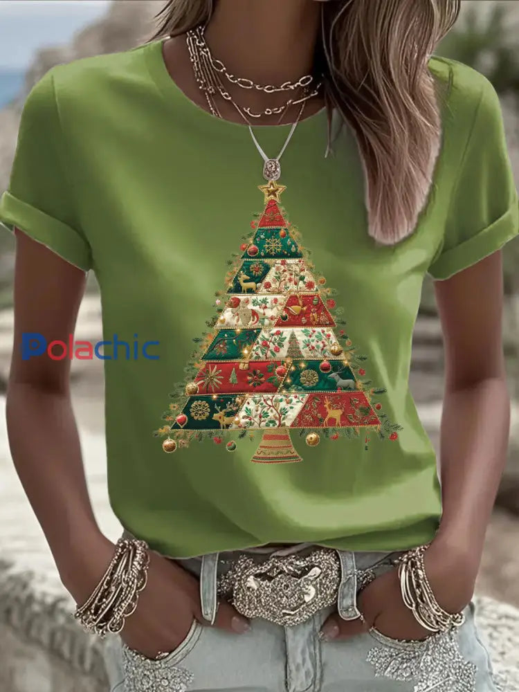 T-shirt décontracté imprimé arbre de Noël pour femmes Vert clair / S