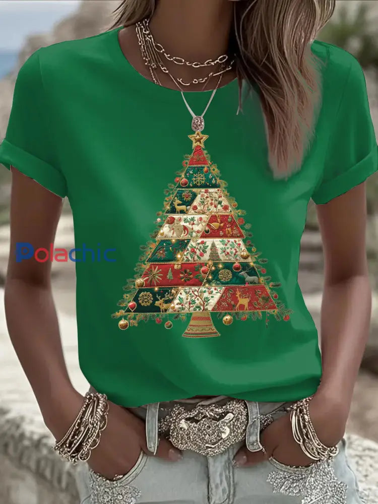T-shirt décontracté imprimé arbre de Noël pour femmes Vert / S