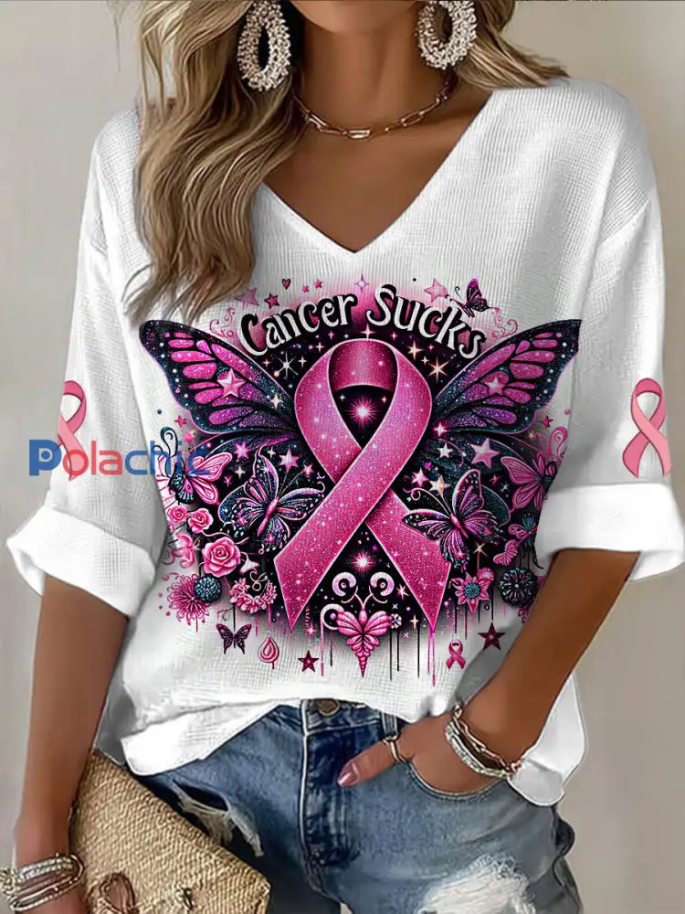 T-shirt décontracté imprimé cancer du sein à col en V pour femmes Blanc / S