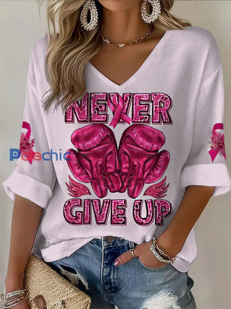 T-shirt décontracté imprimé cancer du sein à col en V pour femmes Rose Clair / S
