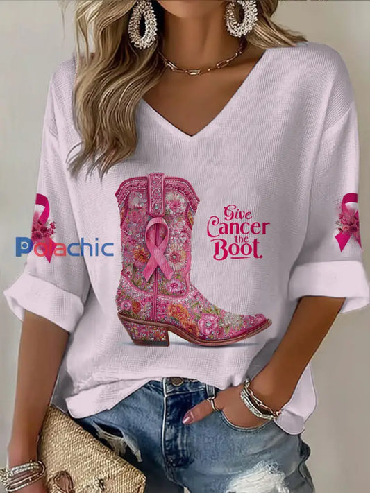 T-shirt décontracté imprimé cancer du sein à col en V pour femmes Rose Clair / S