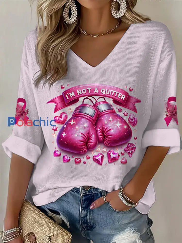 T-shirt décontracté imprimé cancer du sein à col en V pour femmes Rose Clair / S