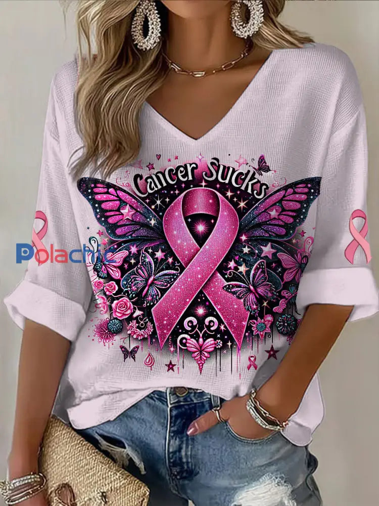 T-shirt décontracté imprimé cancer du sein à col en V pour femmes Rose clair / S