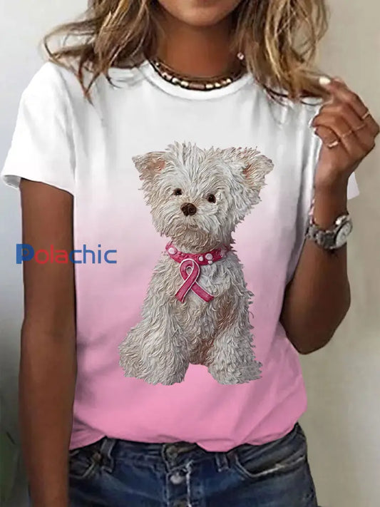 T-shirt décontracté imprimé chien ruban rose cancer du sein pour femmes Rose / S
