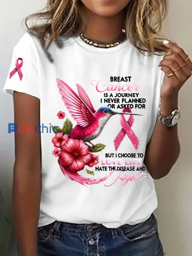T-shirt décontracté imprimé Colibri de sensibilisation au cancer du sein pour femmes Blanc / S