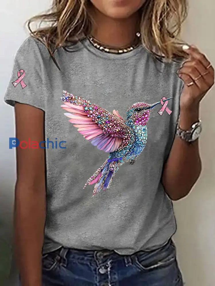 T-shirt décontracté imprimé Colibri de sensibilisation au cancer du sein pour femmes Gris Clair / S