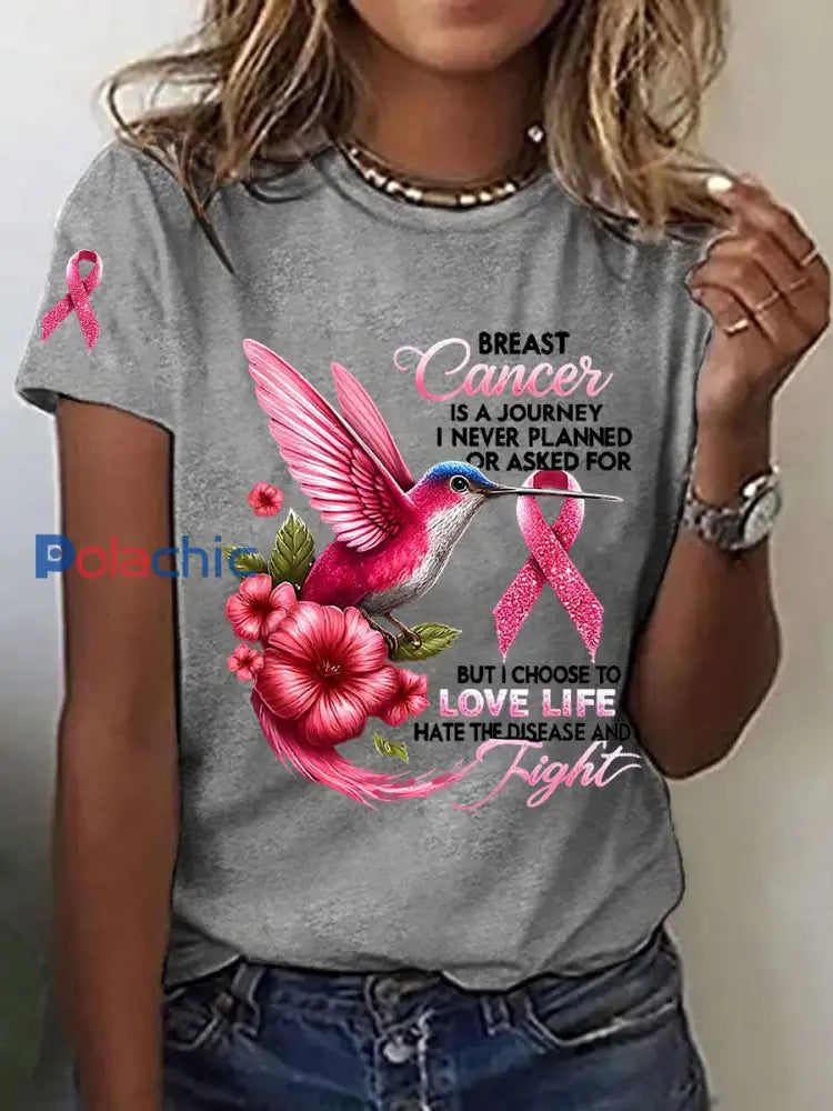 T-shirt décontracté imprimé Colibri de sensibilisation au cancer du sein pour femmes Gris Clair / S