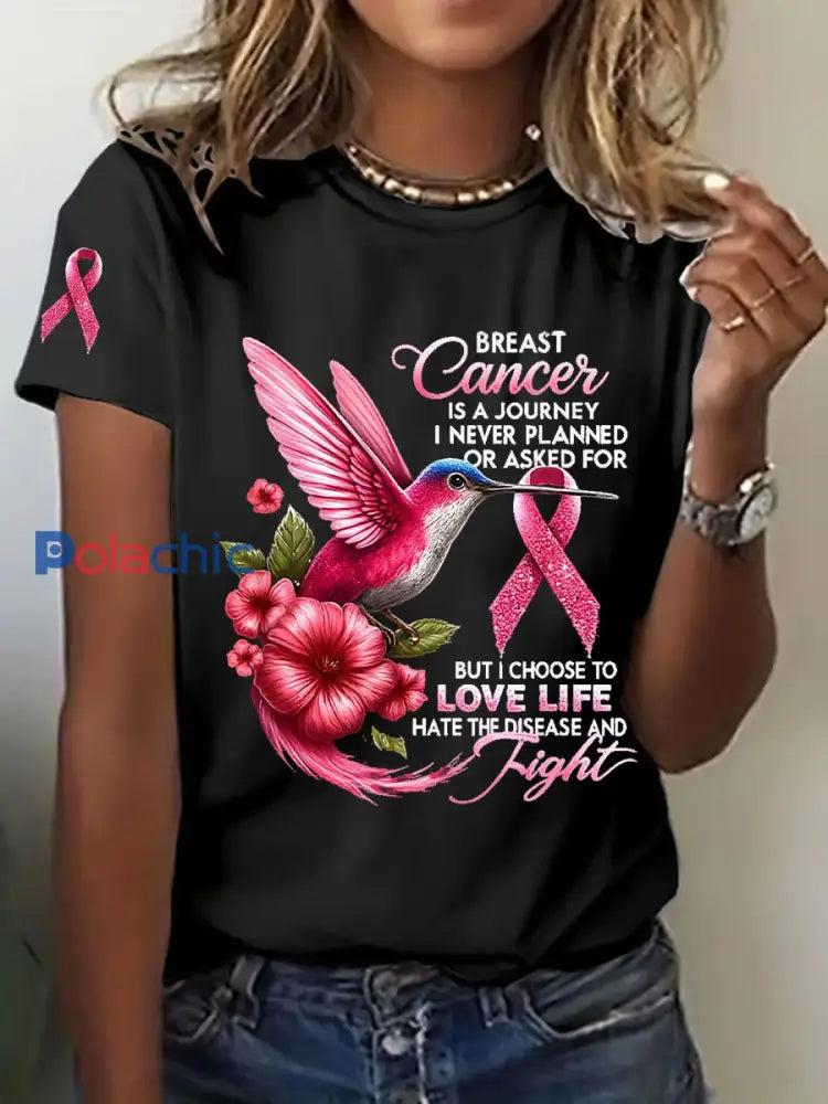 T-shirt décontracté imprimé Colibri de sensibilisation au cancer du sein pour femmes Noir / S