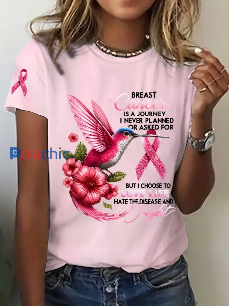 T-shirt décontracté imprimé Colibri de sensibilisation au cancer du sein pour femmes Rose / S