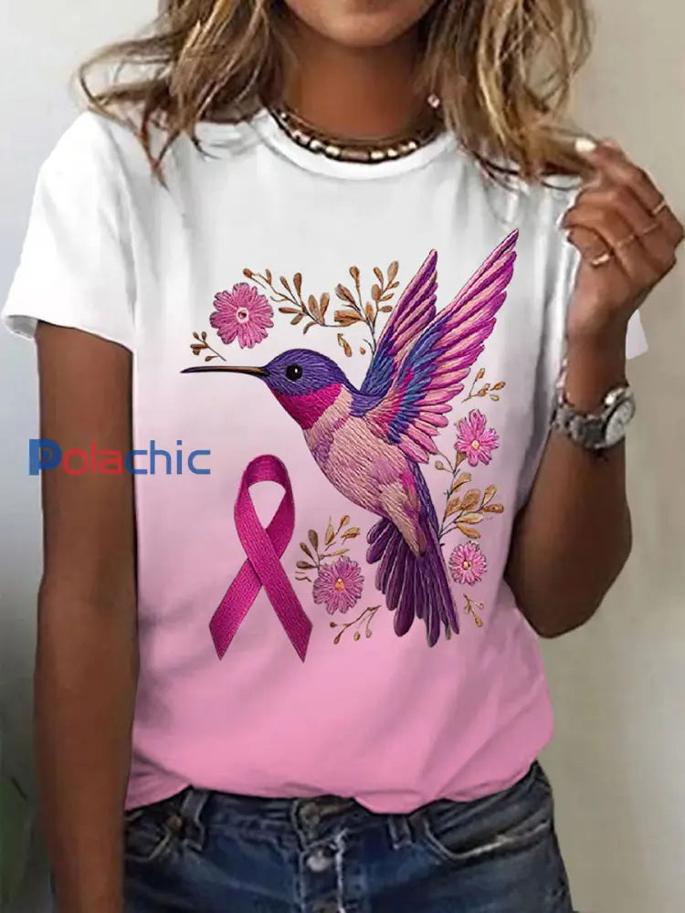 T-shirt décontracté imprimé Colibri pour femmes Rose / S