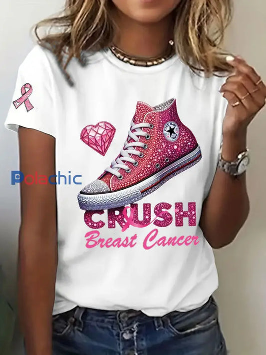 T-shirt décontracté imprimé Crush Breast Cancer pour femmes Blanc / S