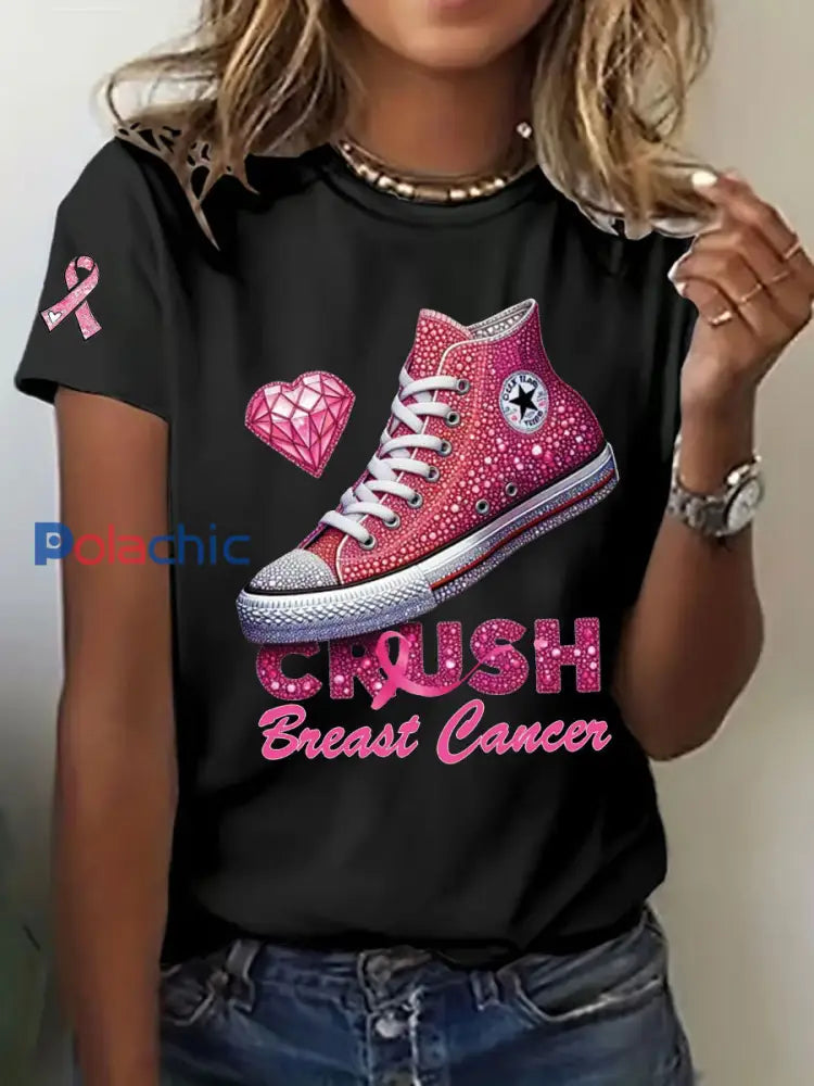 T-shirt décontracté imprimé Crush Breast Cancer pour femmes Noir / S
