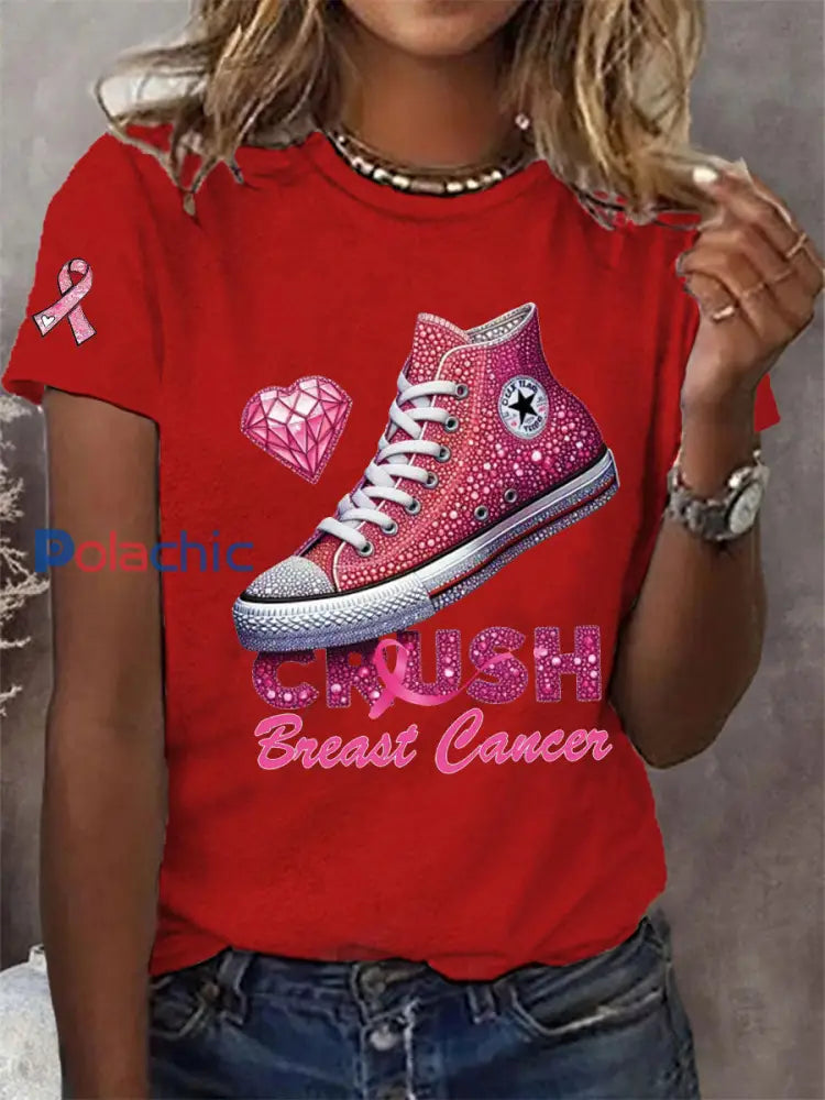 T-shirt décontracté imprimé Crush Breast Cancer pour femmes Rouge / S