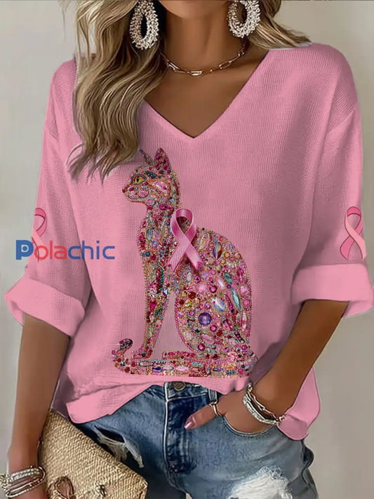 T shirt décontracté imprimé de chat de cancer du sein à manches mi longues pour femmes Rose / S