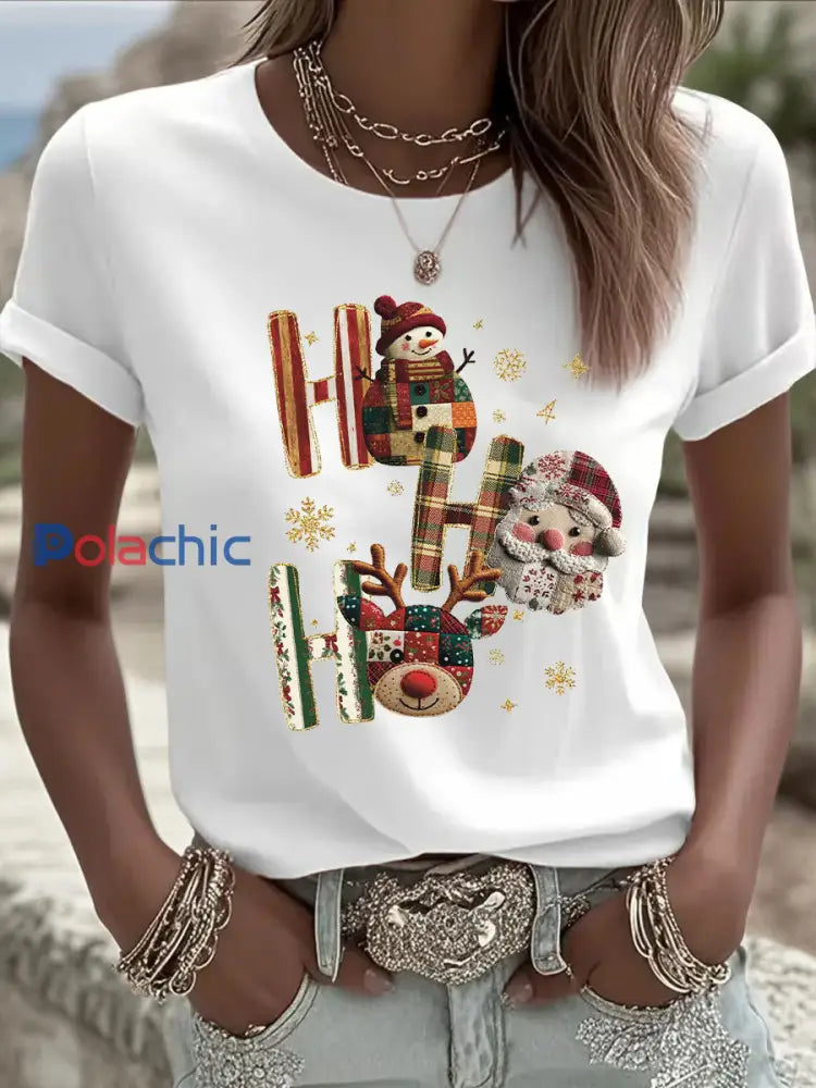 T-shirt décontracté imprimé de Noël pour femmes Blanc / S