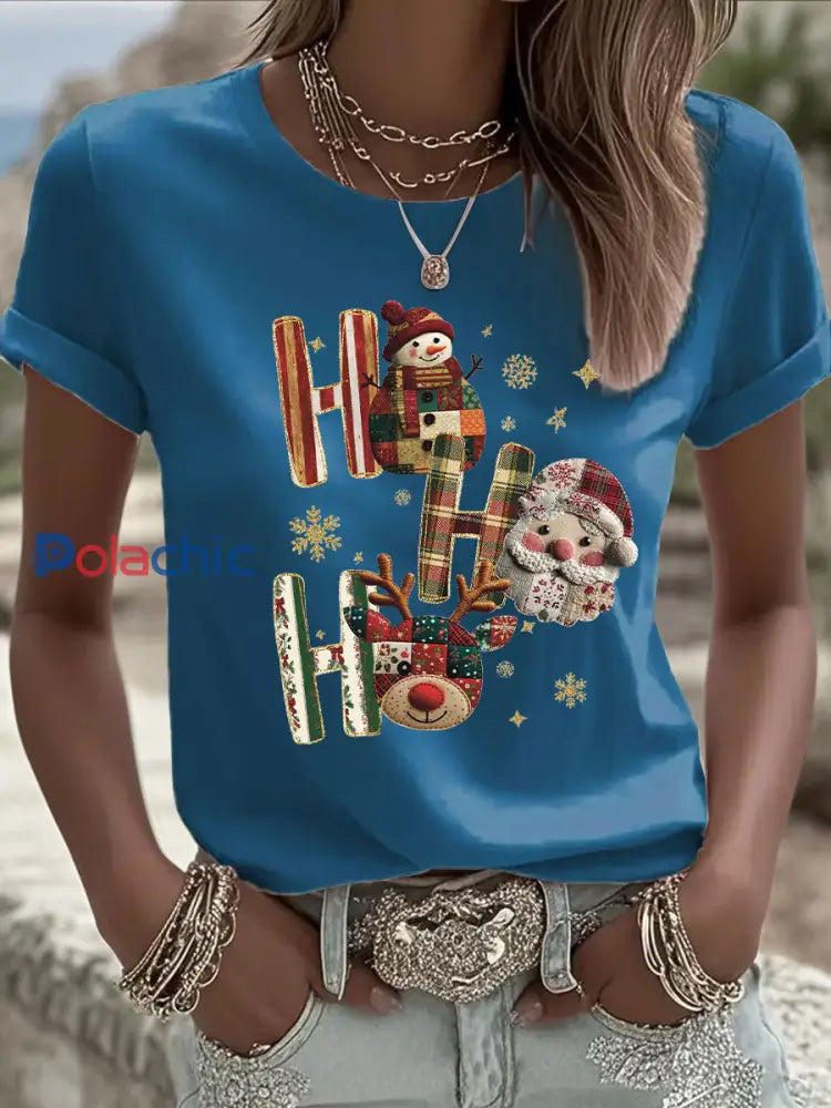 T-shirt décontracté imprimé de Noël pour femmes Bleu / S