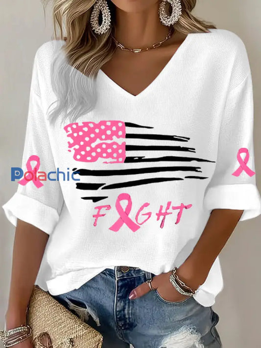 T-shirt décontracté imprimé gaufré drapeau ruban rose cancer du sein pour femmes Blanc / S