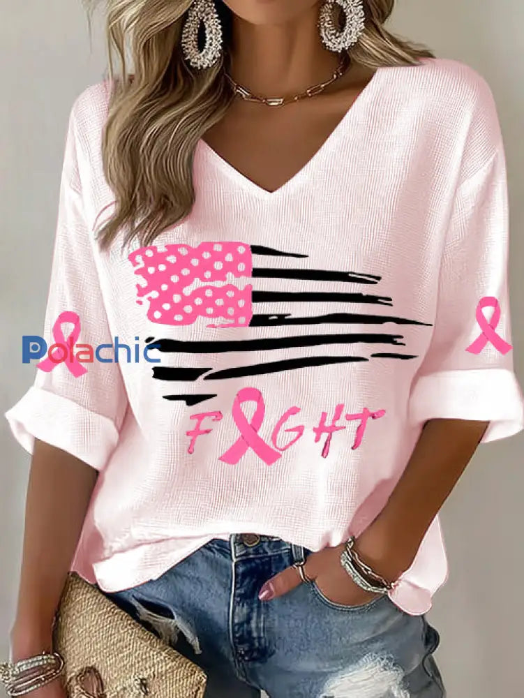 T-shirt décontracté imprimé gaufré drapeau ruban rose cancer du sein pour femmes Rose clair / S
