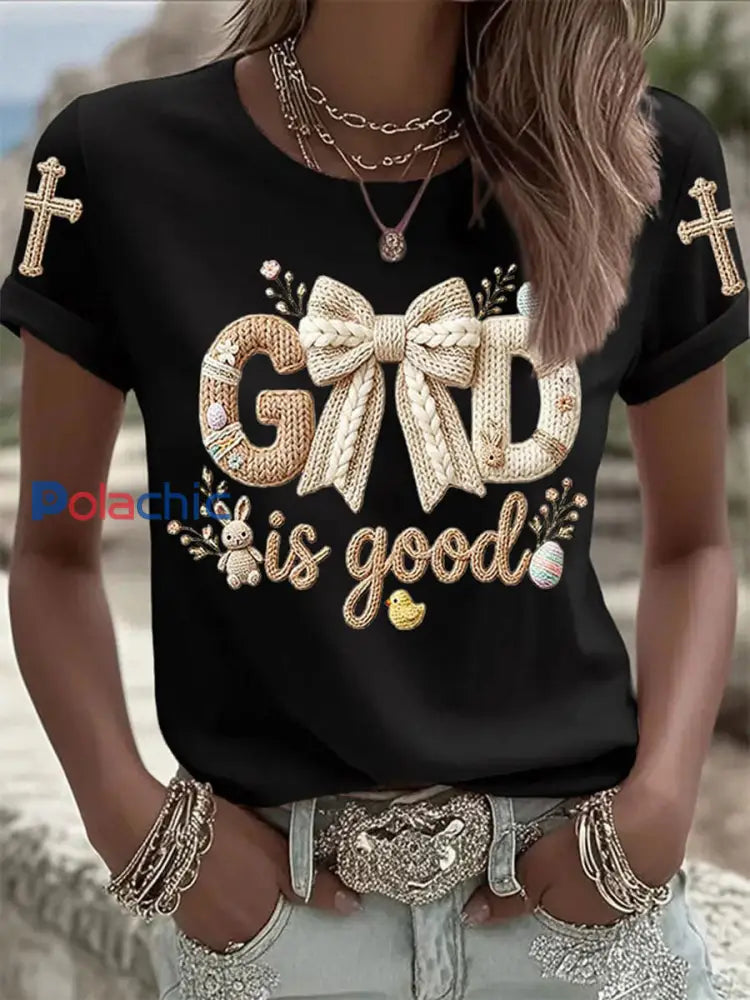 T-shirt décontracté imprimé lapin de Pâques pour femmes Noir / S