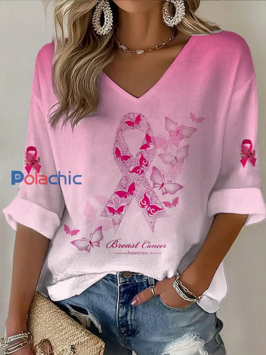 T shirt décontracté imprimé papillon à col en V à manches mi longues pour femmes Rose / S