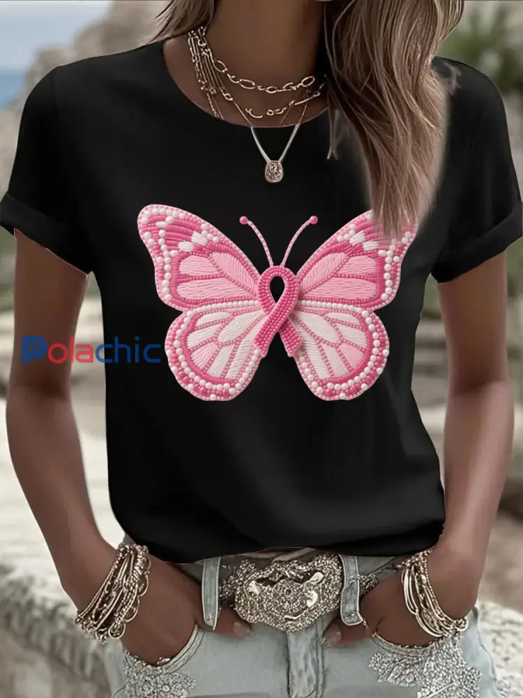 T shirt Décontracté Imprimé Papillon Rose Femme Noir / S