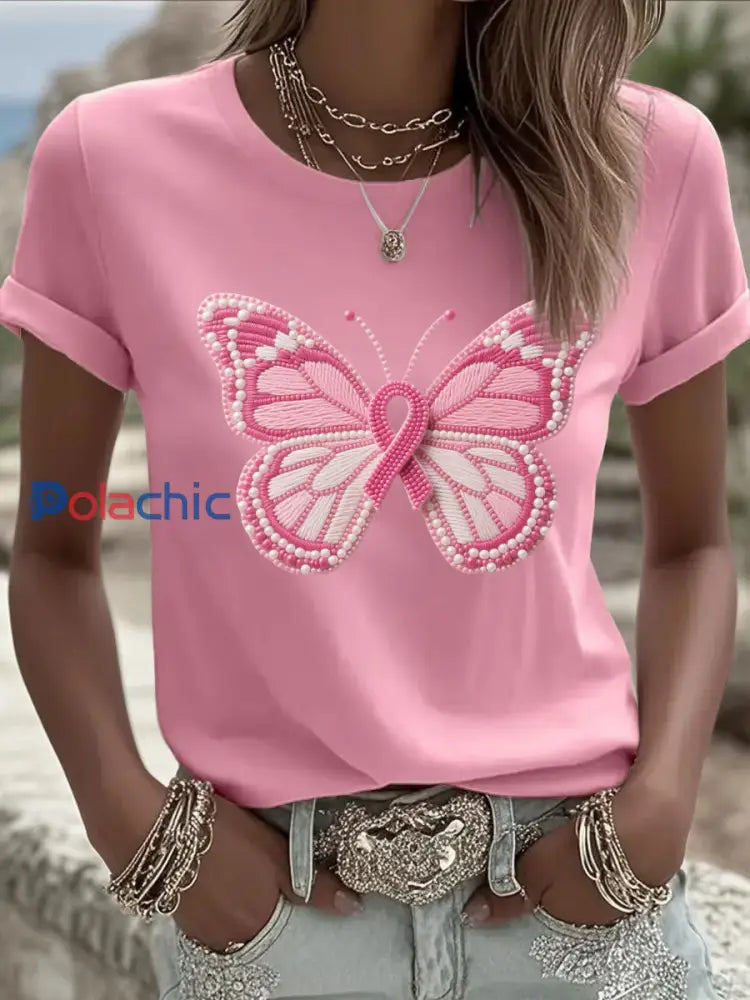 T shirt Décontracté Imprimé Papillon Rose Femme Rose / S
