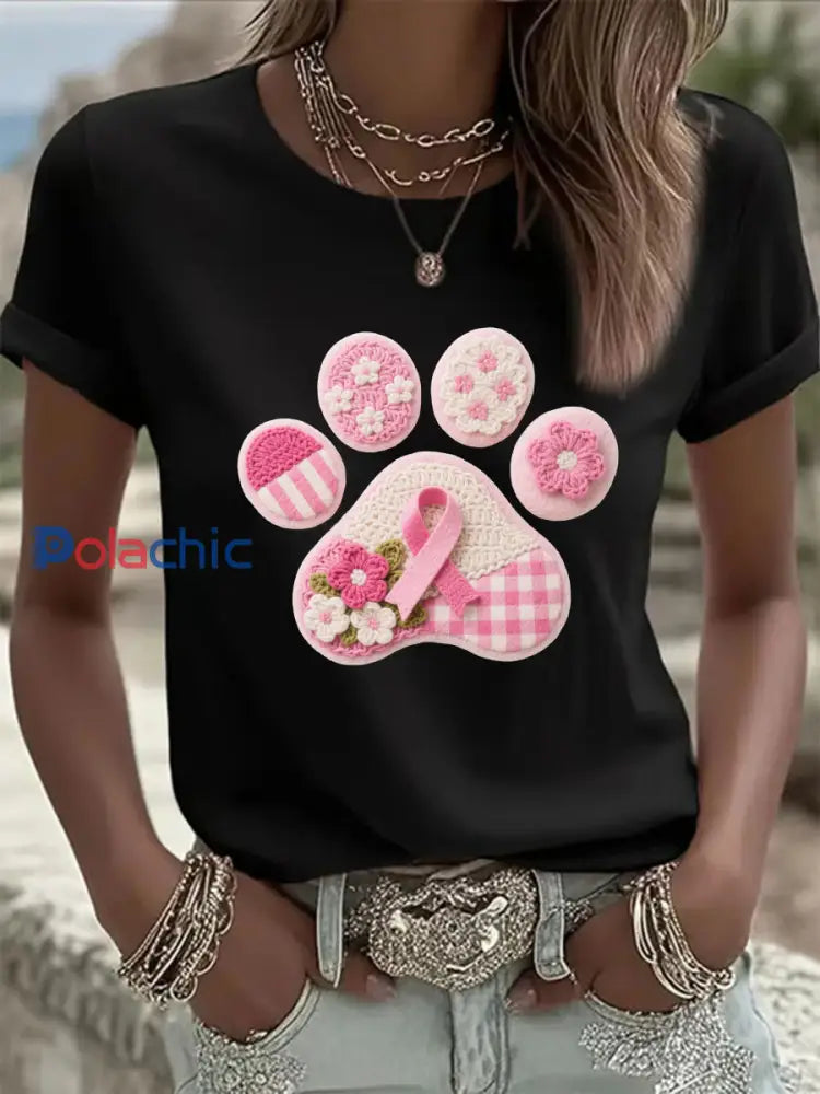 T shirt Décontracté Imprimé Patte de Chien Rose Femme Noir / S