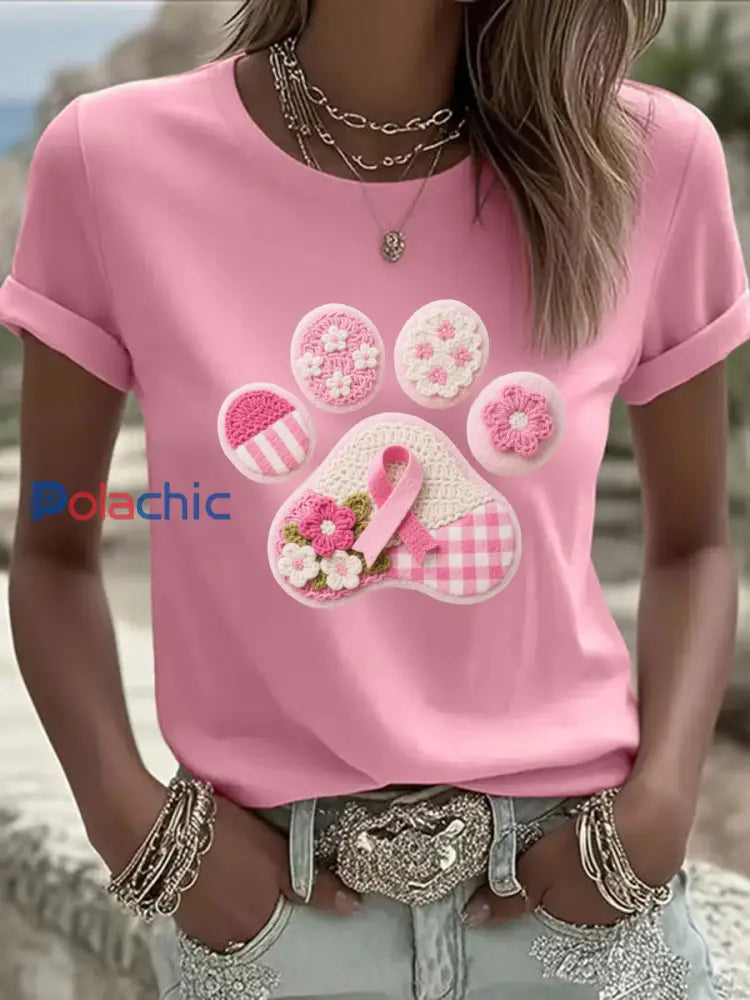 T shirt Décontracté Imprimé Patte de Chien Rose Femme Rose / S