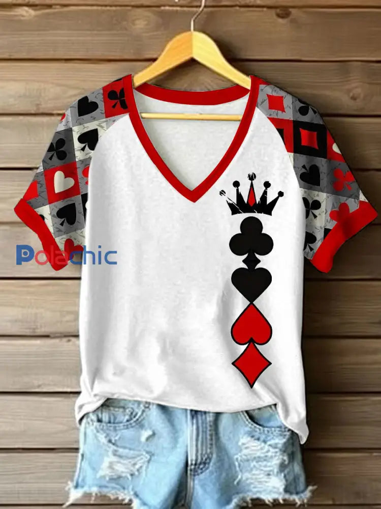 T-shirt décontracté imprimé Queen Poker pour femmes Blanc / S