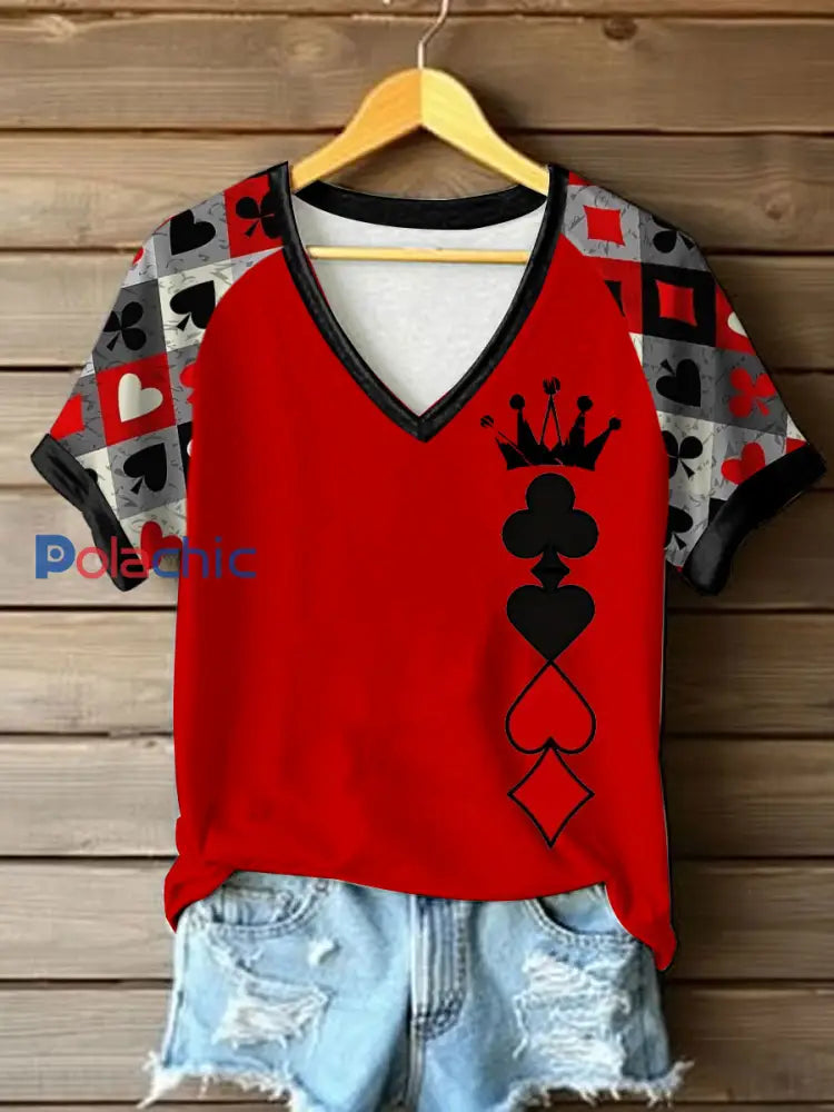 T-shirt décontracté imprimé Queen Poker pour femmes Rouge / S