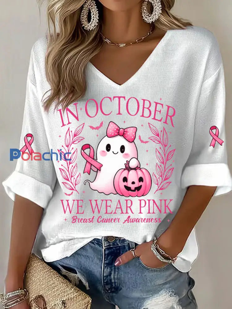 T-shirt décontracté imprimé rose In october We Wear pour femme blanc / S