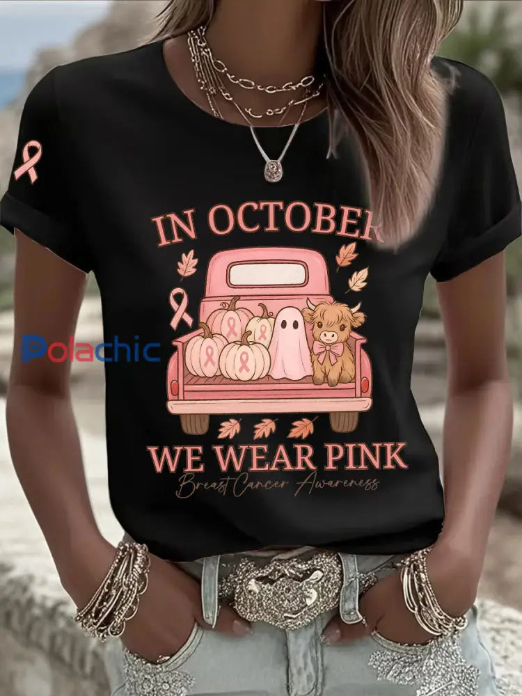 T-shirt décontracté imprimé rose In october We Wear pour femme Noir / S