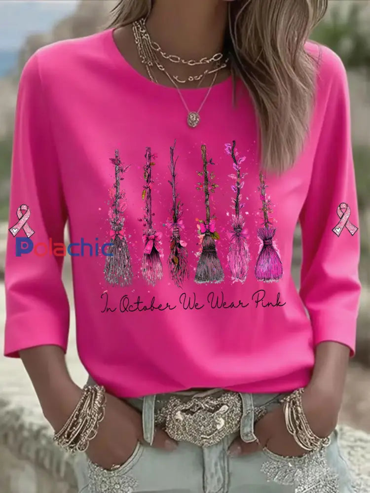 T-shirt décontracté imprimé rose In october We Wear pour femme Rose Rouge / S