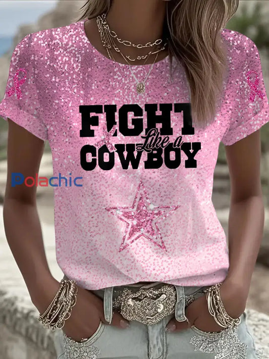 T-shirt décontracté imprimé sensibilisation au cancer du sein pour femmes Rose / S