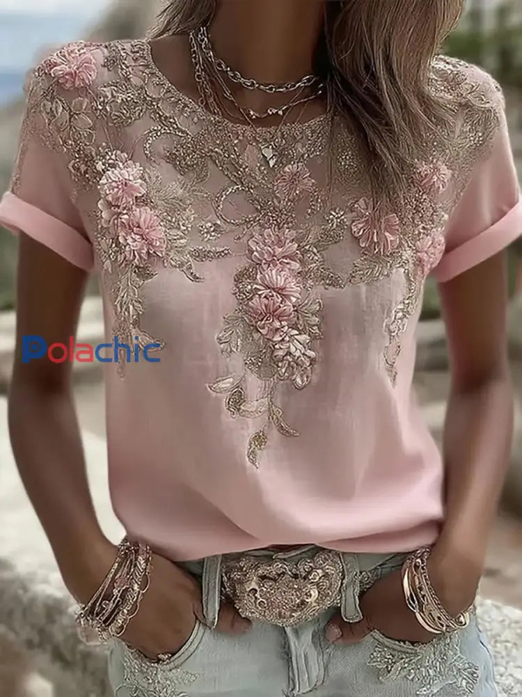T-shirt décontracté rétro rose rose pour femme Rose / S