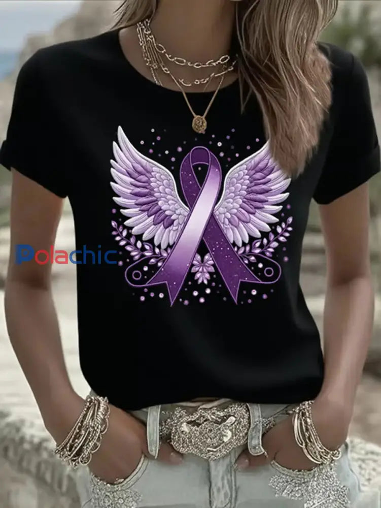 T-shirt Décontracté Violet Imprimé Ruban Femme noir / S