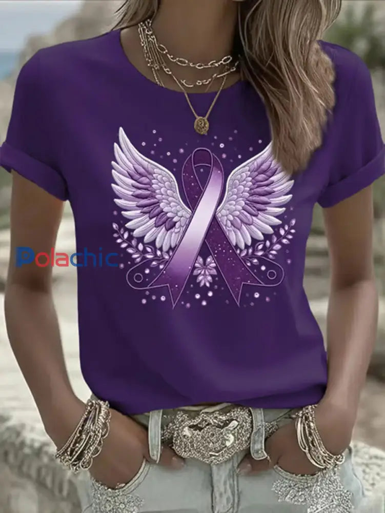 T-shirt Décontracté Violet Imprimé Ruban Femme violet / S
