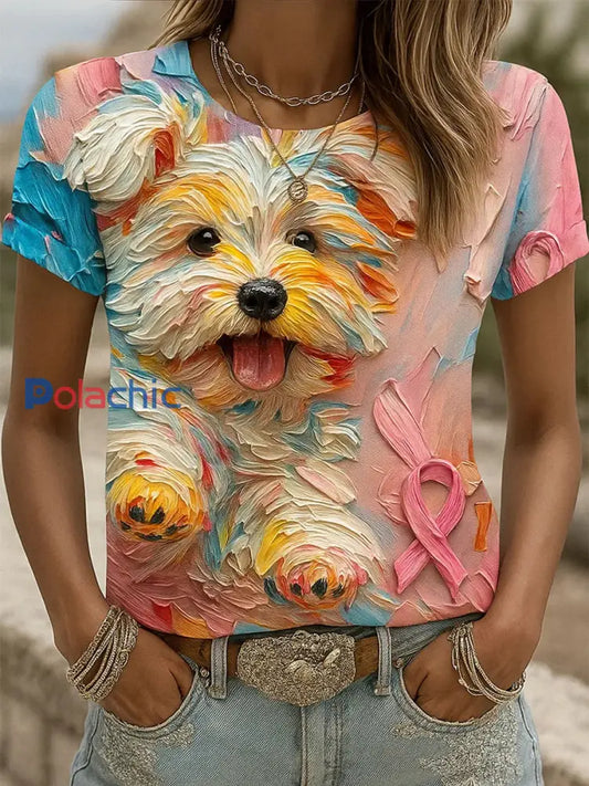 T-shirt en coton imprimé animal avec ruban de cancer du sein pour femmes A / S