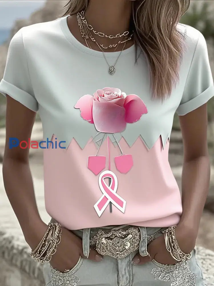 T shirt en coton imprimé ruban cancer du sein pour femmes A / S