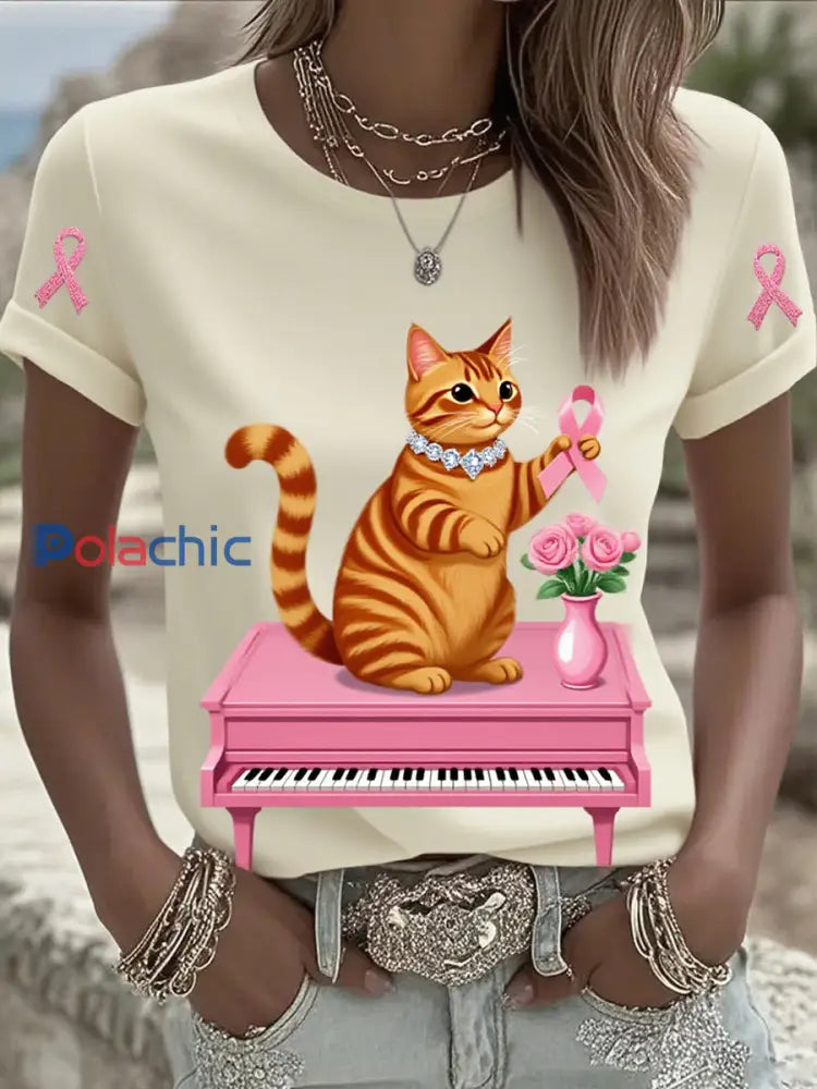 T shirt en coton imprimé ruban cancer du sein pour femmes A / S