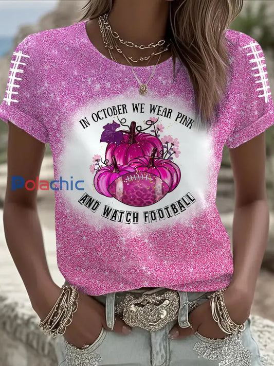 T shirt Femme En Octobre Nous Portons Rose Et Montre Football À Manches Courtes Rose / S